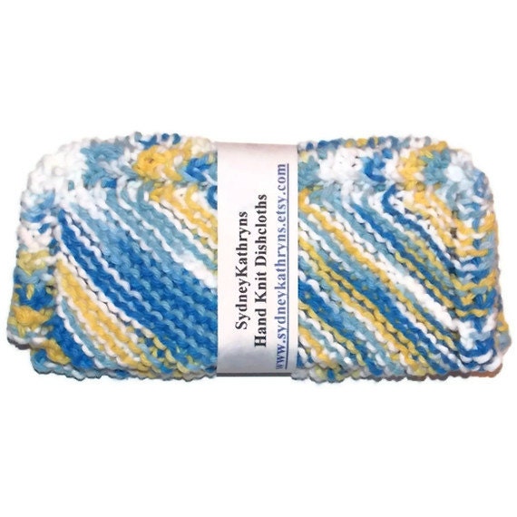 Blue, Yellow and White Hand Knit Dish Cloths, Set of 2 Kitchen Products - SydneyKathryns