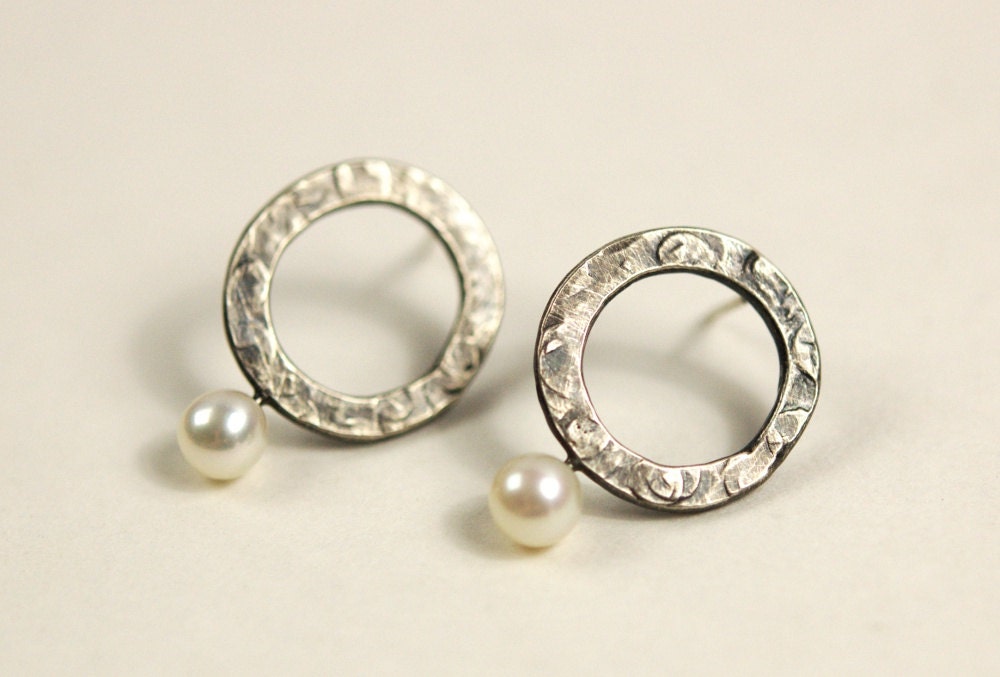 Oxidized Sterling Silver Post Earrings with White Freshwater Pearls - oxidized silver earrings - organic earrings