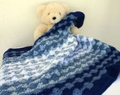 Crochet baby afghan blue white striped lap blanket denim navy throw circles waves boy crib nursery home decor washable