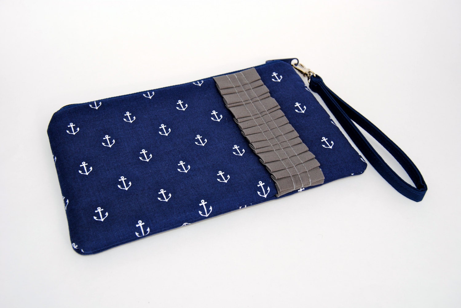Ruffle Wristlet - MADE TO ORDER - Navy Anchors and Gray