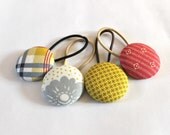 Modern Ponytail Holders,  Plaid Red Gold, Fabric Covered Buttons, Adult or Child, Four Large
