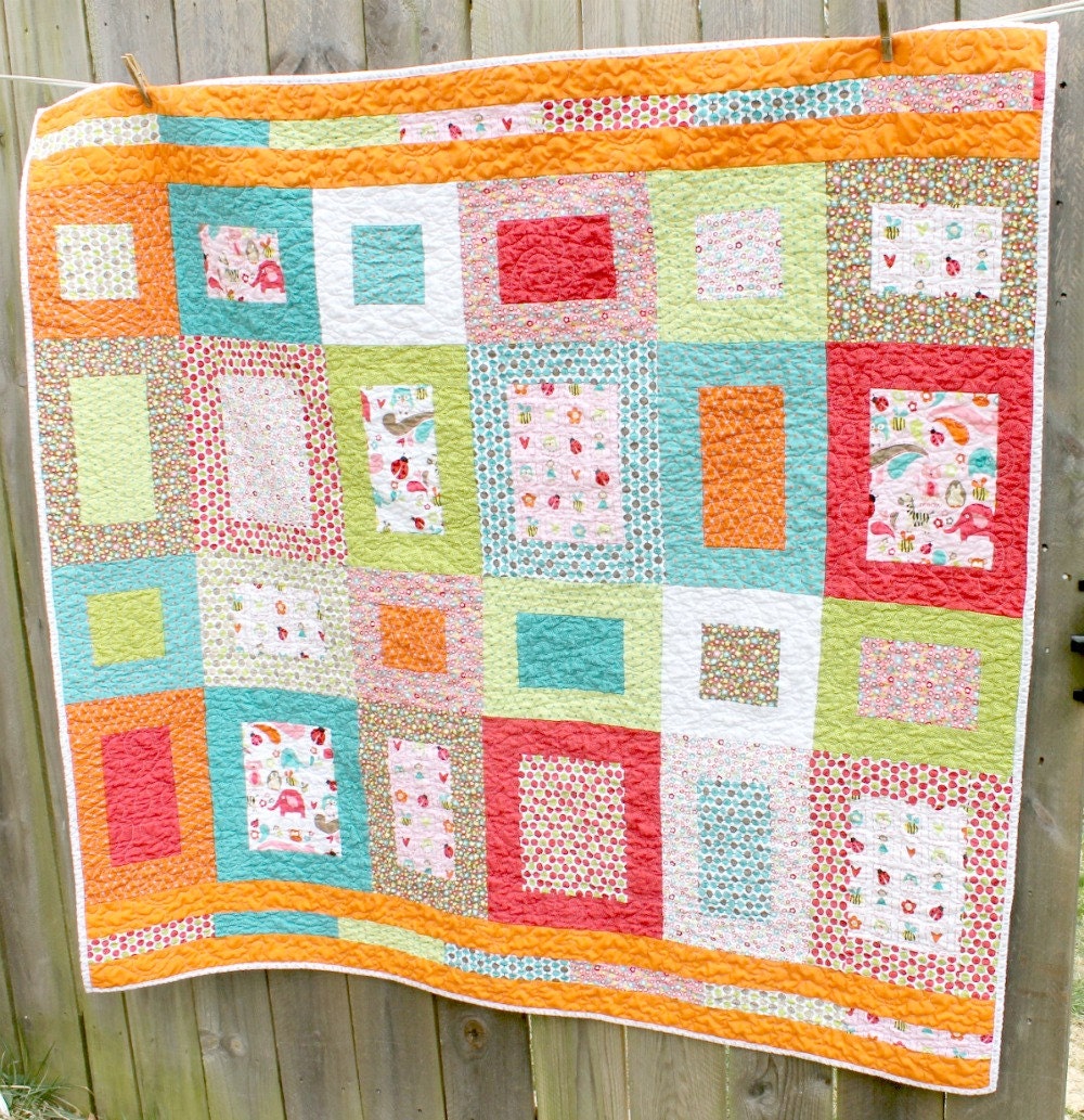 Alphabet Soup Girl Quilt, Oversized Baby Quilt, Modern Toddler Blanket, Patchwork Quilt, Riley Blake, Long Arm Machine Quilted