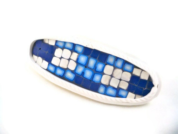 Mosaic barrette blue and white polymer clay large rustic style