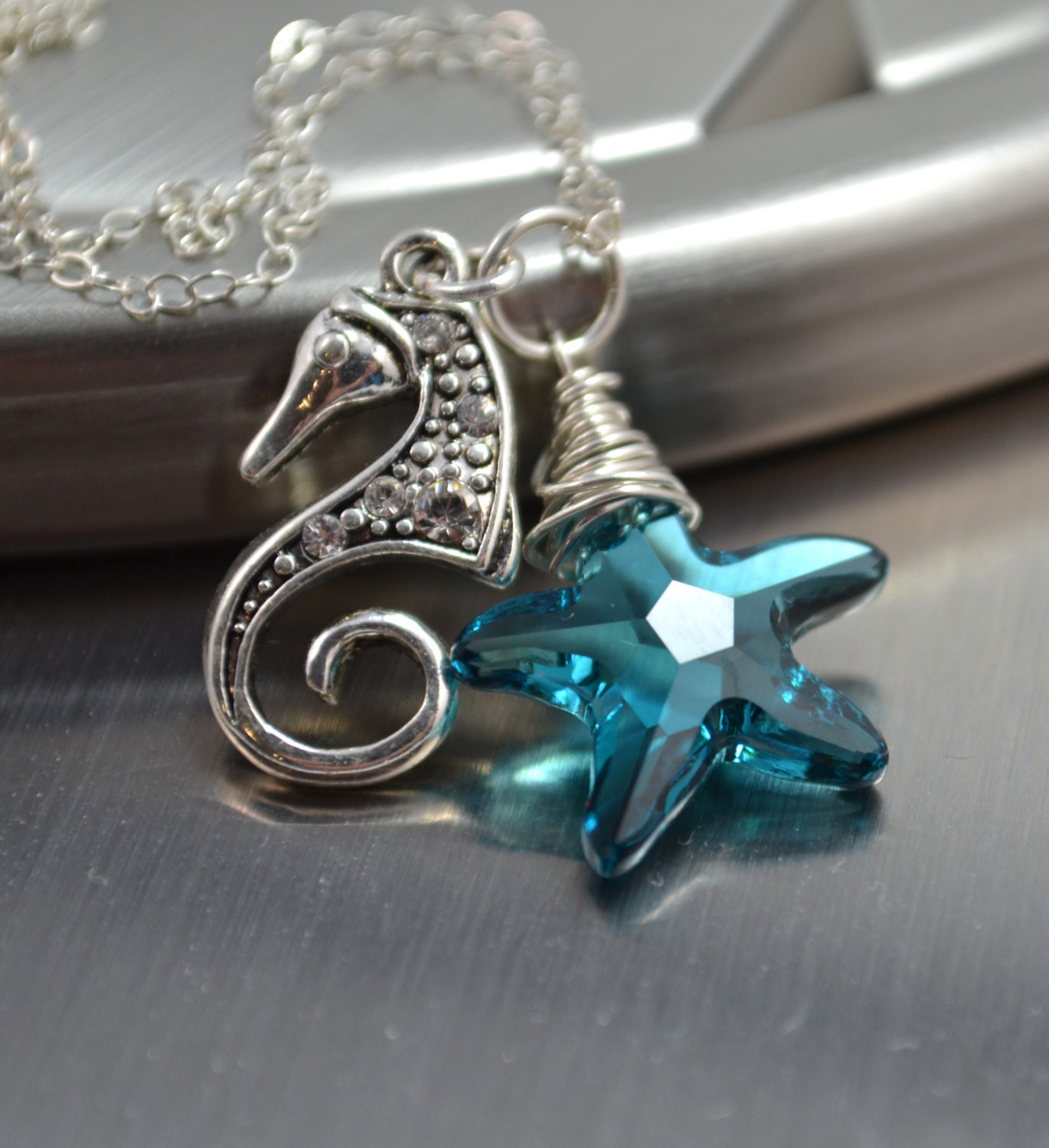 Blue Crystal Starfish Necklace, Seahorse Charm, Swarovski Crystal Starfish Necklace, Wire Wrapped, Sterling Silver, Summer Wedding, Bridal