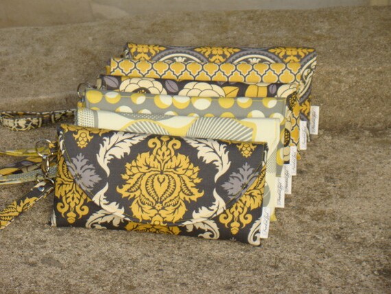 Set of 6 Custom Made Bridesmaids Clutches ... Yellow and Gray Wedding Colors