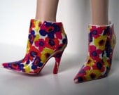 OOAK White pink orange yellow pink purple floral print short ankle boots with red soles for 12-inch fashion dolls