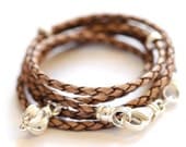 Tan leather wrap bracelet with sterling silver blossom charm bracelet