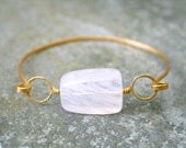 Large Crystal Rose Quartz Stone Bangle Bracelet Gold Brass