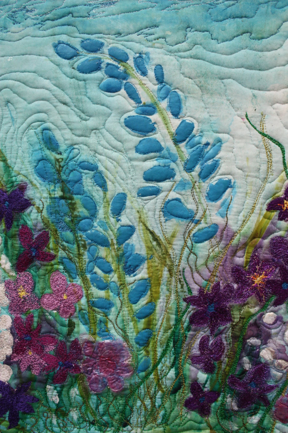 A original art quilt wall hanging, hand painted silk, dreamy pastel garden pearlescent pink roses