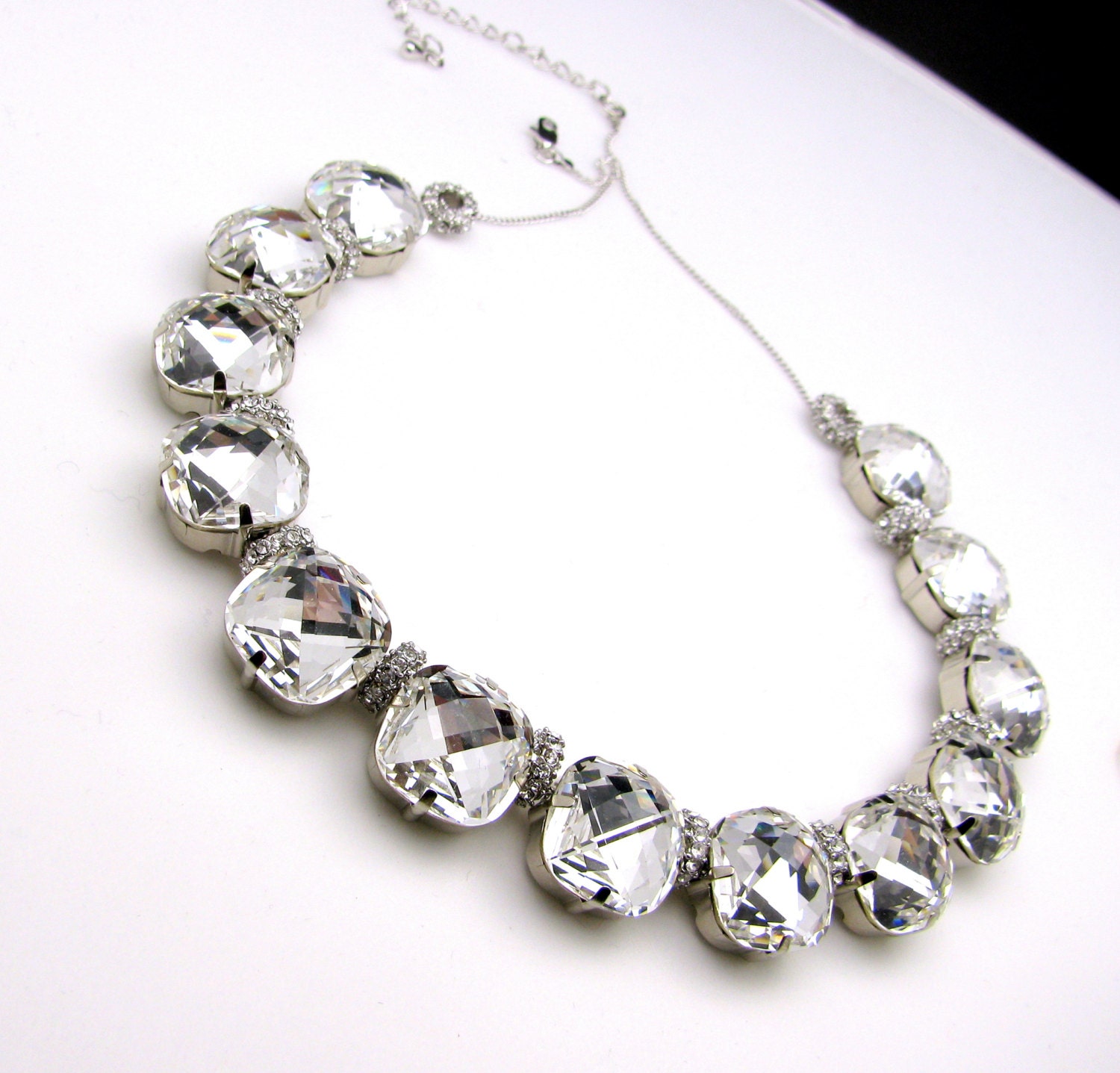 Bridal necklace wedding necklace Swarovski clear white vintage square foiled pendant crystal rhinestone chunky statement necklace