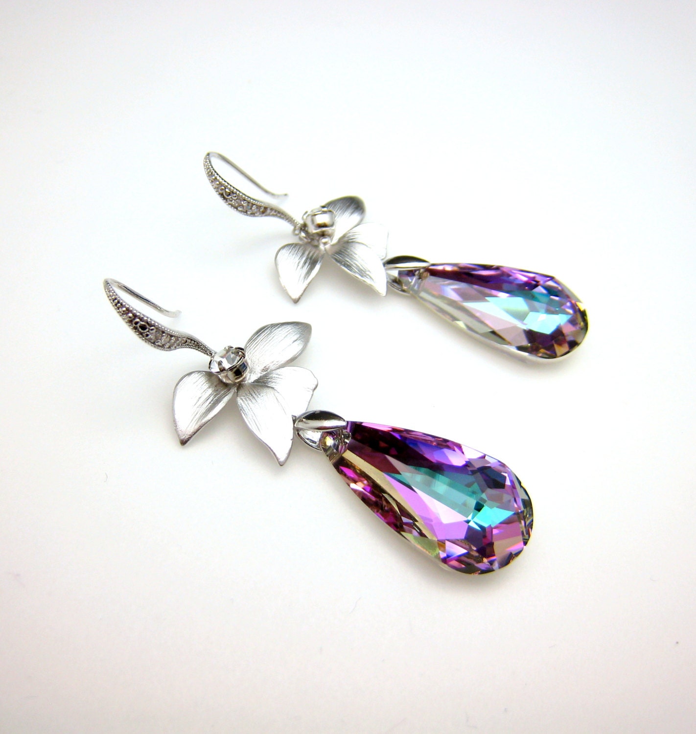 bridal Jewelry prom party gift pageant wedding earrings swarovski vitrail light teardrop on cz sterling silver hook orchid flower