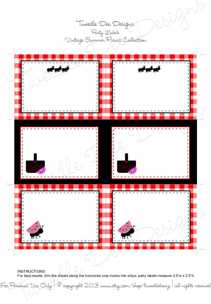 Printable Party Labels - Vintage Summer Picnic Collection by Tweedle Dee Designs