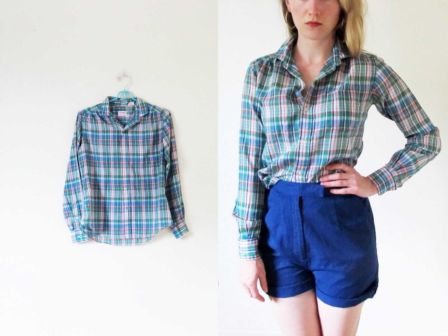 vintage 1980s shirt // plaid // kelly green // summer // blouse // button down // size extra small xs // small s