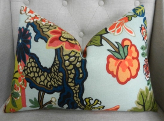 Decorative Designer  Pillow Cover - 14"X20" - Schumacher Chiang Mai Dragon in Aquamarine - Pattern on the front