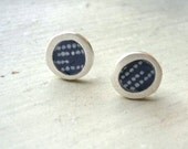 Dark Blue Stud Earrings - blue with white polka dots - silver frame