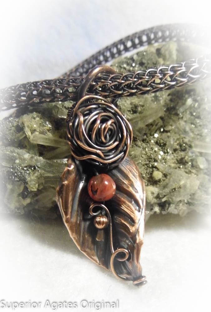 Antiqued Copper Wire Wrapped Rose Leaf Necklace