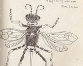 Bug Body and Flying Insect - 11 x 17 inches - Print of a pen and ink sketch drawing by Stacey A Fleming
