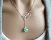 Sale - Silver Twig Lariat with Mint Opal Glass Teardrop - gift, wife, mother, sister, birthday, bridesmaid, friend, romantic, daughter