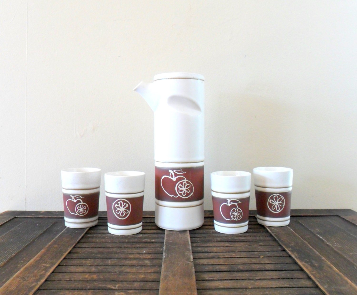 vintage complete mid-century glazed ceramic holt howard coffee set - carafe - mugs