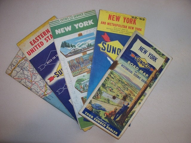 Vintage Mid Century, Retro Accordion Maps, New York, Eastern US, 1950s, 1960s, Historic Sites, Sunoco, Tour Maps, Lot of Road Maps, Esso
