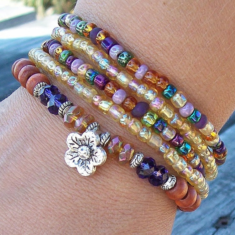Purple and Topaz Beaded Stack Bracelets with Flower Charm - Stretch Czech Glass and Wood