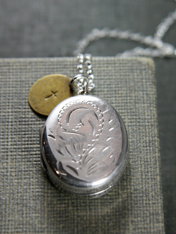 Oval Sterling Silver Locket Necklace, Vintage Pendant Hand Stamped Initial Brass Charm