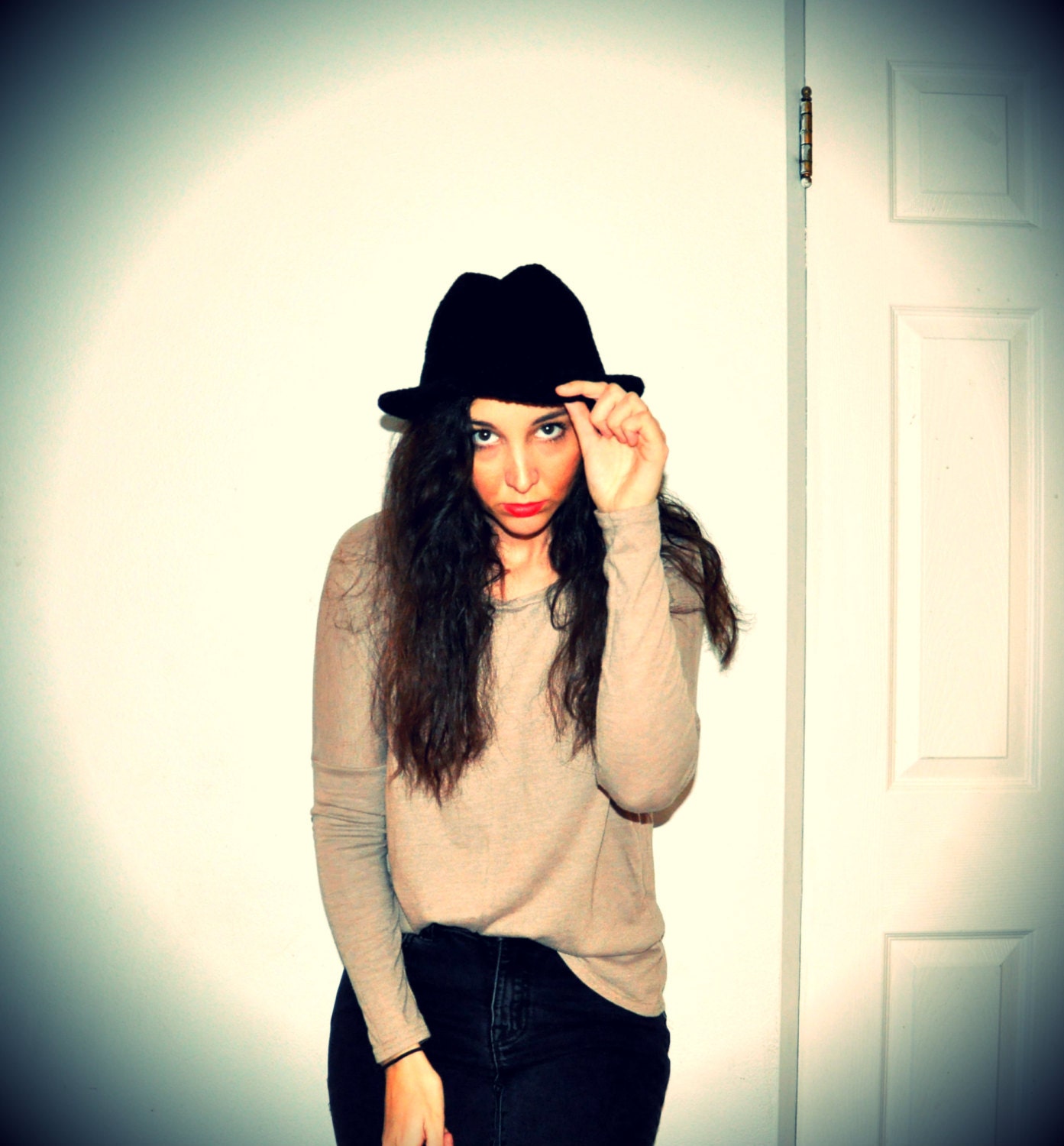 Vintage 1960s Sweater Tweed BLACK Fedora Hat