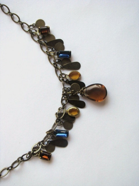 Amber Quartz and Vintage Glass Bronze Bezeled Montana Blue, Citrine and Amber Dangles