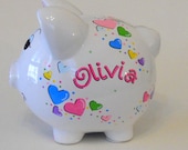 Personalized Piggy Bank Hearts Bright Pastels
