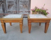 Pair of Hollywood Regency Square Low End Tables with Marble Inlay  (Los Angeles)