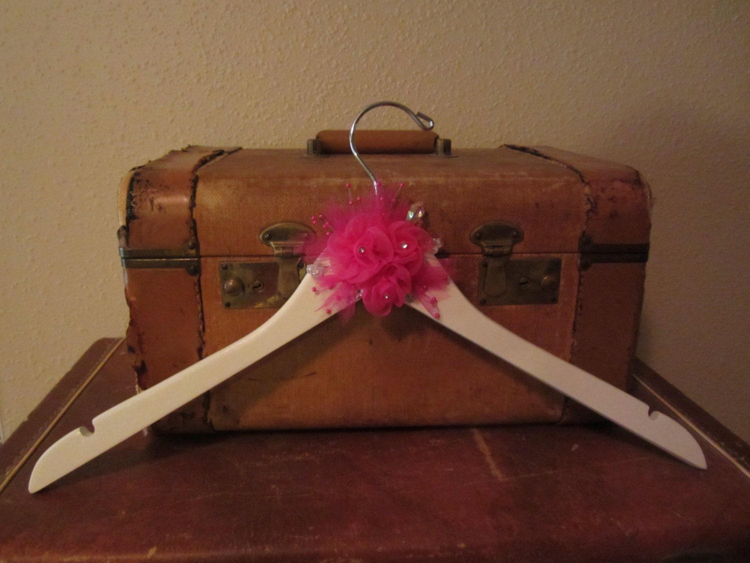 one of a kind custom BRIDAL wedding dress hanger with WIRE WORDS across the bottom in ivory with hot pink