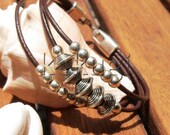 women brown leather bracelet with cute silver  spacer beads