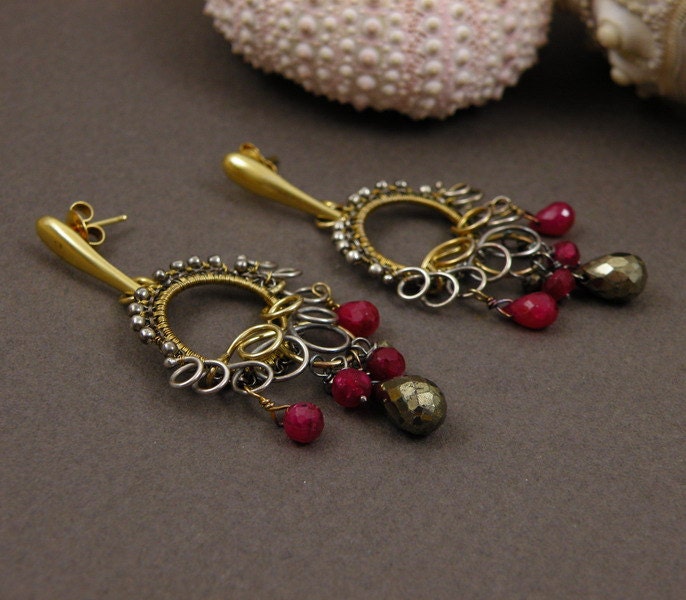 Gold and silver wire wrapped earrings, luxury jewelry , wirework earrings , ruby pyrite quartz