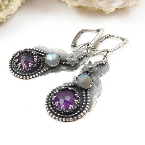 Romantic earrings , sterling silver earrings , amethyst labradorite gemstones , dangle earrings retro jewelry