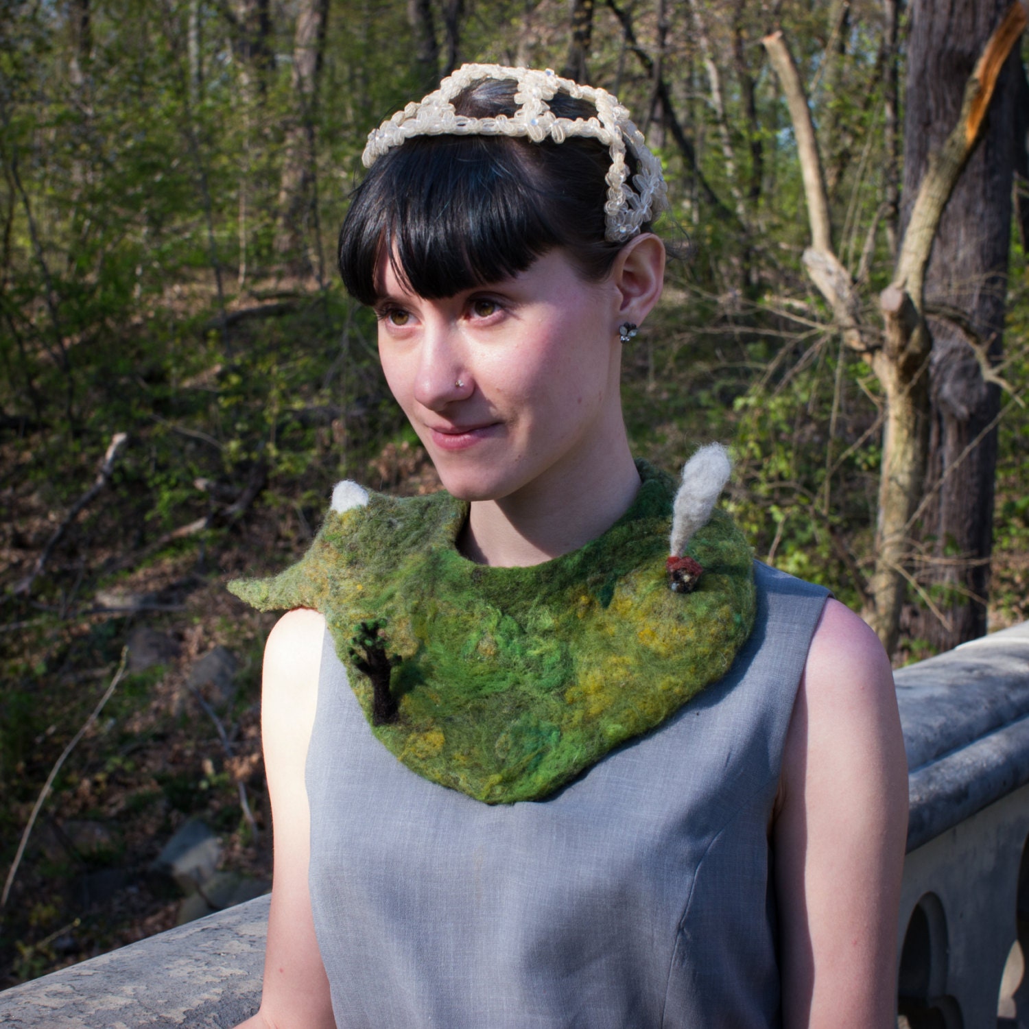 sale --  WEARABLE ART  -- Needle Felted Wool -- Landscape Collar with miniature mountain, tree, and house with smokestack