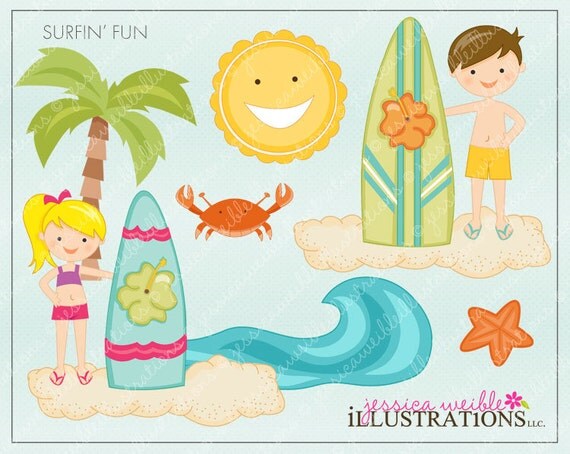 Surfin Fun Cute Digital Clipart for Card Design, Scrapbooking, and Web Design Il_570xn