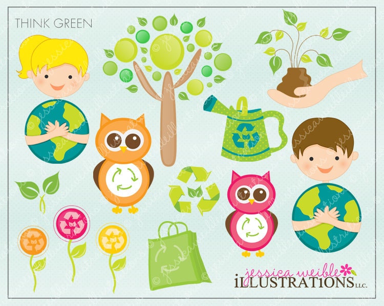 Think Green Cute Digital Clipart for Card Design, Scrapbooking, and Web Design, Environment Clipart Il_570xn