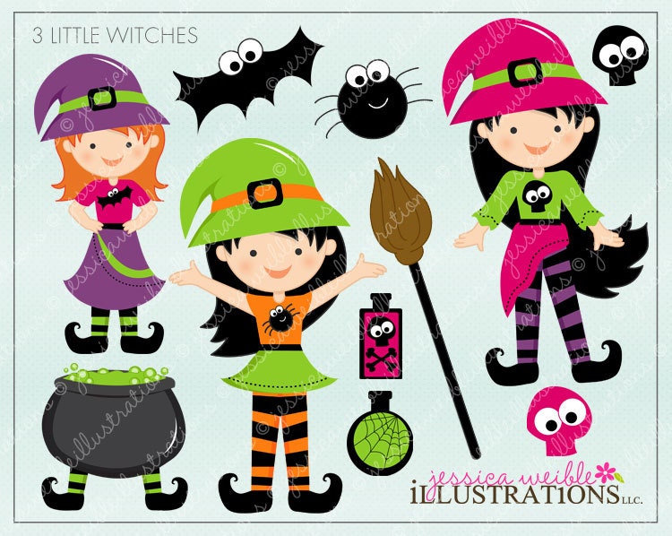 3 Little Witches Cute Digital Clipart for Card Design, Scrapbooking, and Web Design, Halloween Witch Clipart Il_570xn