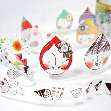 2 Set - Waterdrop Illustration Adhesive Tapes (0.8in & 1.6in)