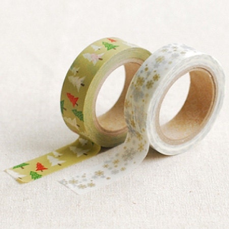 2 Set - Winter Green Tree Snow Adhesive Masking Tapes (0.6in)