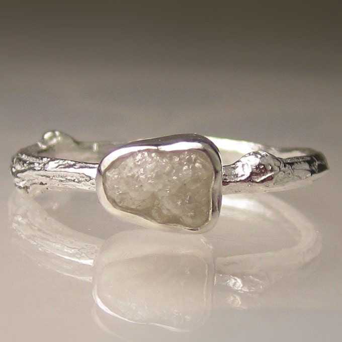 Raw White Diamond Twig Ring in Sterling Silver, Engagement Ring