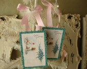 Easter Farmhouse tags cute chickens and chicks victorian easter tags pink and aqua mint green glittered gift tag ornaments