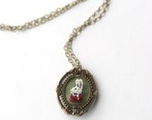 Little Mr. Rabbit- hand embroidered necklace, olive green, bow tie, dapper gentleman