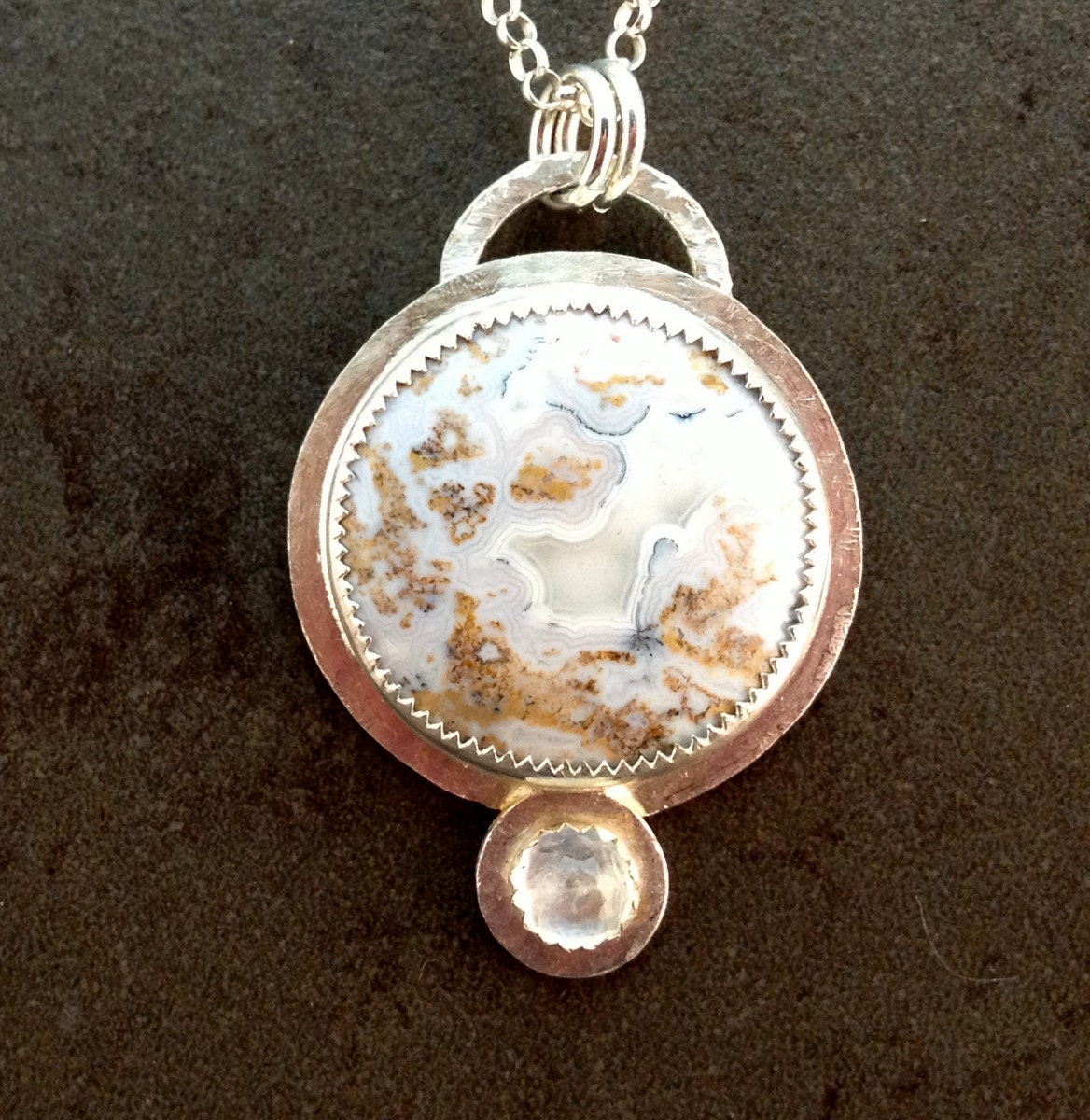 Cathedral Agate and Moonstone cabochon Sterling metalwork necklace