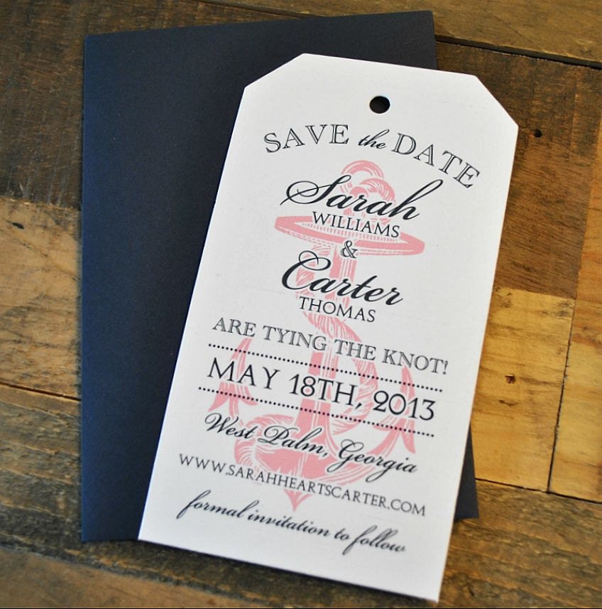 Nautical Vintage Luggage Tag Wedding Save the Date - White, Navy and Pink (color and text customizable)