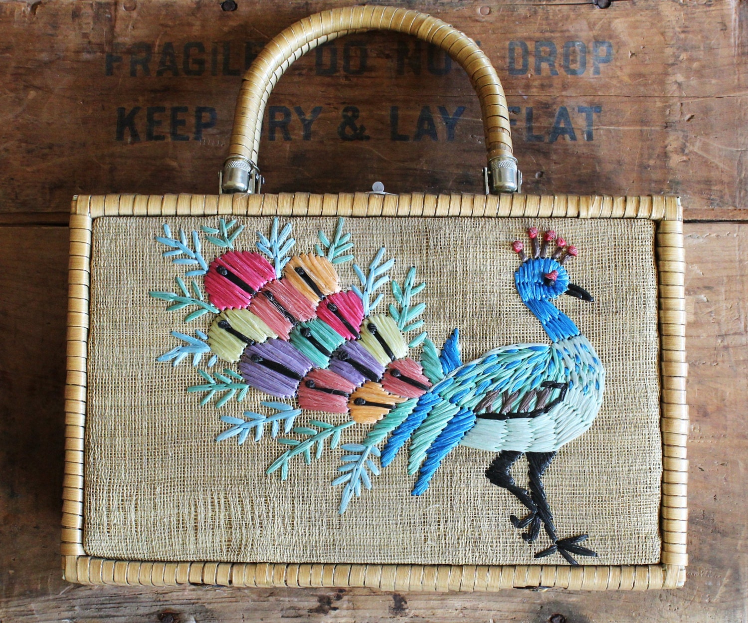 60s purse - vintage wicker box purse - peacock raffia bag - tropical bird - woven handbag
