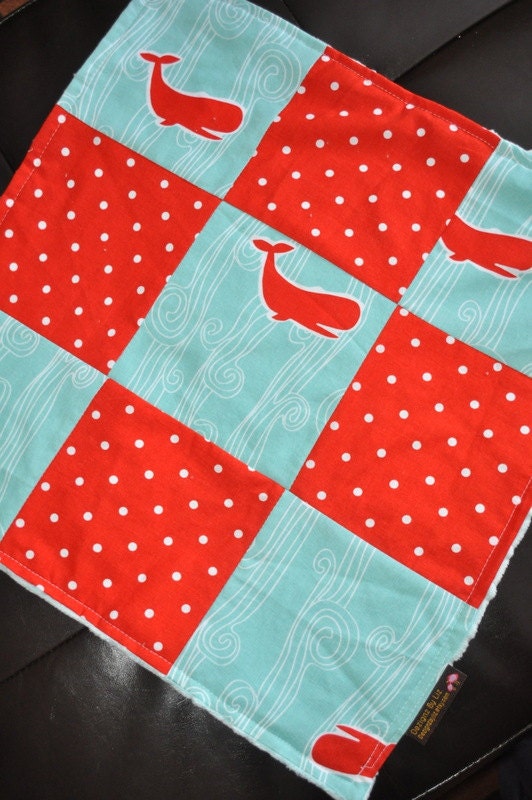 Baby Infant Toddler Boy, Nautical Patchwork 16x16 Lovie Blanket, Turquoise Whale, Red Polka Dot & Minky