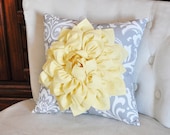 Decorative Pillow- Light Yellow Dahlia on Gray and White Damask Pillow -Ozborne Pillow-