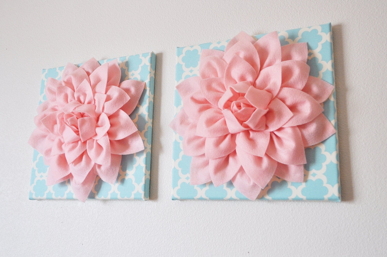 TWO Wall Flowers -Light Pink Dahlia on Blue and White Tarika 12 x12" Canvas Wall Art- Baby Nursery Wall Decor-