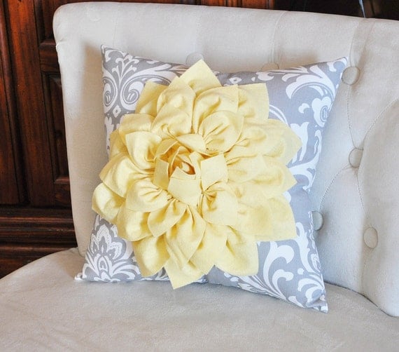 Decorative Pillow Light Yellow Dahlia on Gray and by bedbuggs